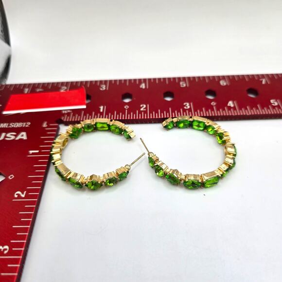 Pierced Earrings Hoop Green Rhinestones Inside Out Gold Tone Drop SKU 2770 - Picture 3 of 6